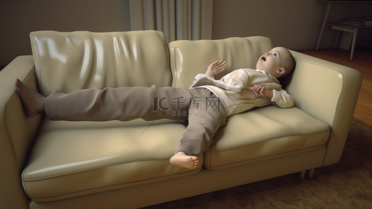沙雕古装人物背景图片_爸爸和宝宝在沙发上放松的 3D 结合