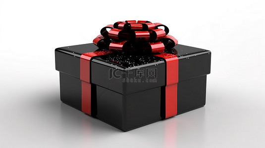 黑色礼品盒的独立 3D 渲染，带有闪亮的红丝带，非常适合节日装饰生日庆祝活动或周年纪念礼物