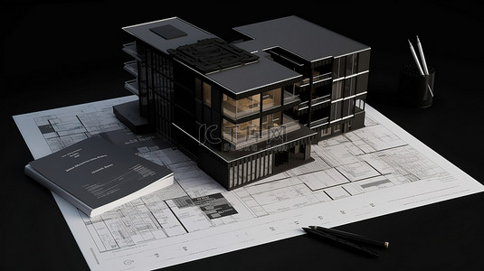 房屋元素背景图片_使用关键的房地产元素在光滑的黑色表面 3D 渲染上可视化公寓大楼