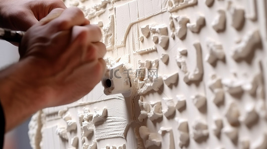 家装工人背景图片_安装 3D 石膏板 工人将瓷砖贴在墙上