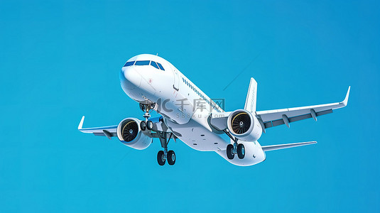 蓝色背景下具有复杂细节的白色飞机的 3D 渲染，展示了航空公司起飞的概念