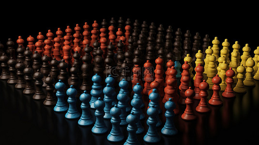 群体细分背景图片_在 3D 插图中对棋子进行分类是黑色背景上的受众细分概念