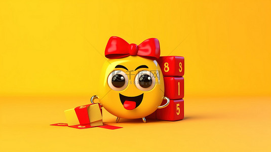 3D 渲染的闹钟吉祥物，黄色背景，拿着红丝带包裹的礼盒