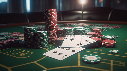 赌场天才绿色桌子上的筹码卡和现金的 3D 图像，用于真实或在线游戏