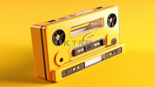 3d 渲染卡通风格黄色背景盒式音频播放器
