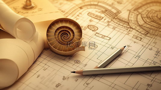 斐波那契螺旋的黄金比例焦点 3D 插图与纸张背景上的办公用品