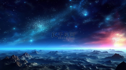 祭典星夜背景图片_水平银河系和宇宙背景 3D 插图的星空和蓝色星系