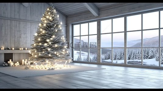 圣诞房间壁炉背景图片_节日圣诞树照亮舒适的斯堪的纳维亚农舍客厅 3d 渲染