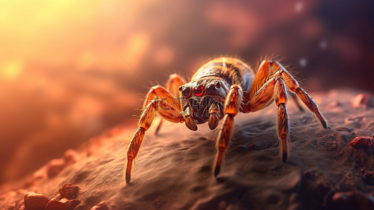 蜘蛛在网上爬行的 3d 插图