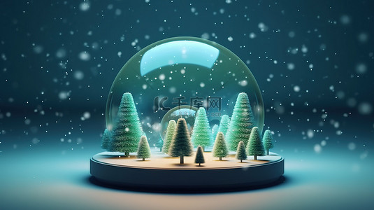 3D 渲染的雪地球仪，配有松树和圣诞背景的喜庆绿色和蓝色设计