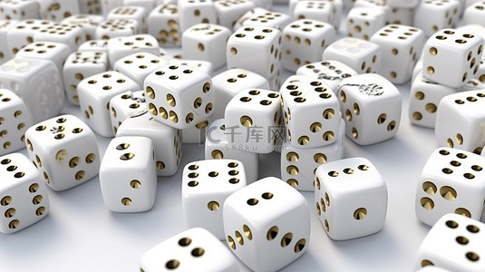 掷骰子是一个赌场游戏概念，在干净的背景上的不同位置上有白色游戏立方体的 3D 渲染