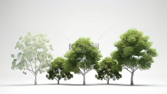 白色背景下郁郁葱葱的绿树的大自然壮丽 3D 渲染