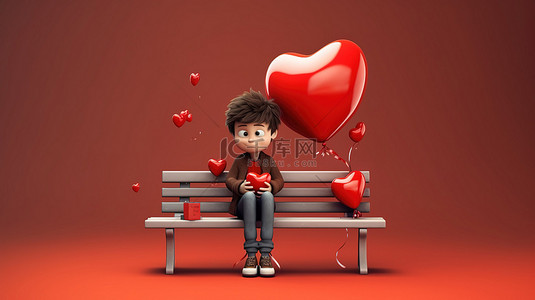情侣爱心气球背景图片_可爱的年轻人坐在长凳上迷恋心形气球 3D 渲染