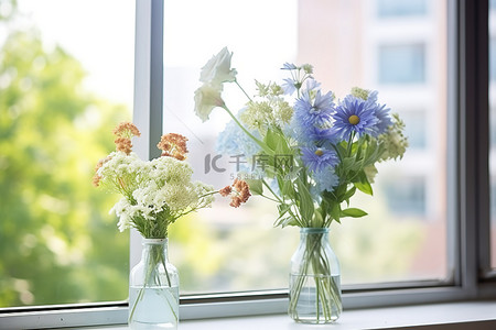 鲜花插在窗边的花瓶里