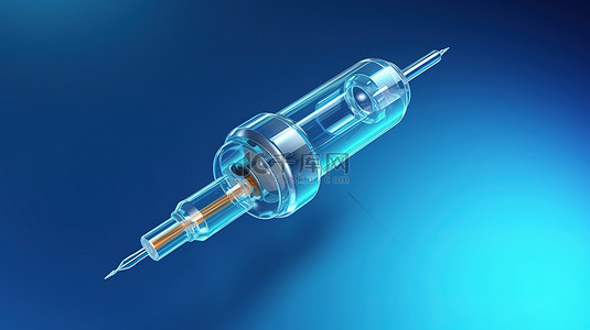 在医用注射器上注射液滴的蓝色背景的 3D 渲染