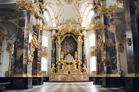 金色柱子金色背景图片_一座教堂的内部，墙壁被涂成金色