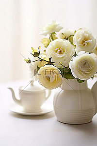 玫瑰背景图片_白色茶壶里的花朵