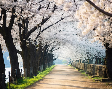安东河回村背景图片_一条长长的小路，两旁种着白色盛开的樱花树