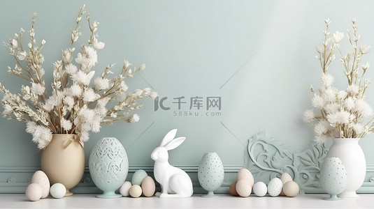 狂热背景图片_复活节狂热充满活力的装饰的 3D 插图，以复活节彩蛋兔子和样机背景上的花枝为特色