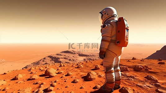 火星上的宇航员凝视地球地平线 3d 渲染