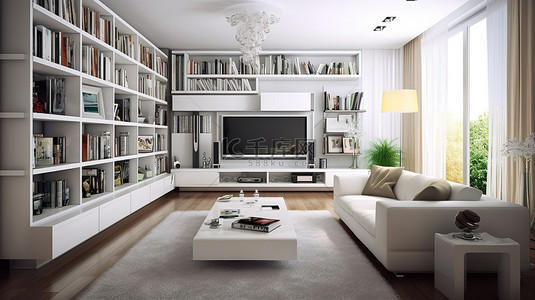 奶油色沙发背景图片_简约的白色客厅配有白色沙发奶油色枕头书柜电视地毯和 3D 地毯
