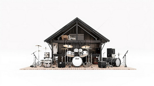 光滑的黑色鼓设置在木屋轮廓中，在 3D 渲染的白色背景上