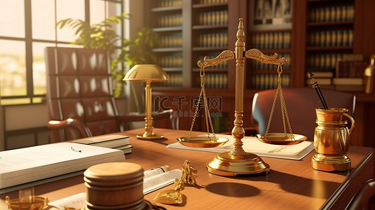 司法木槌背景图片_律师办公桌的 3d 渲染，配有司法法官的木槌和剪贴板纸