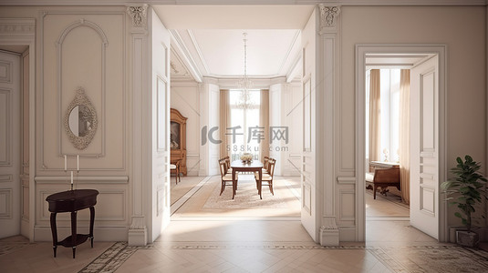古典风格的客厅走廊和厨房以 3D 呈现