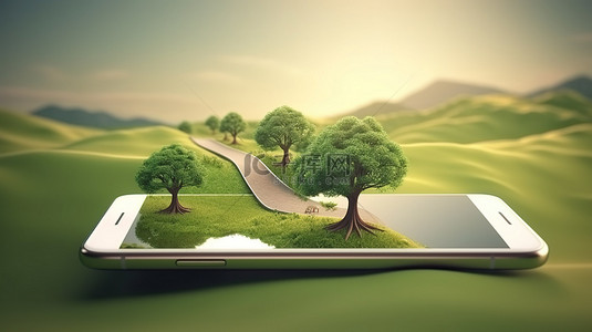 从智能手机中出现的移动景观道路，具有 3D 插图中的树木和风景