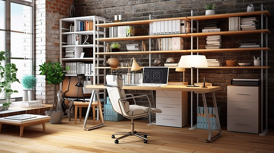 完整客厅的 3D 插图，配有办公桌电脑办公椅和书架
