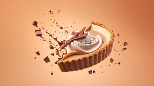 美味的巧克力和牛奶派在原始背景 3D 渲染上翱翔