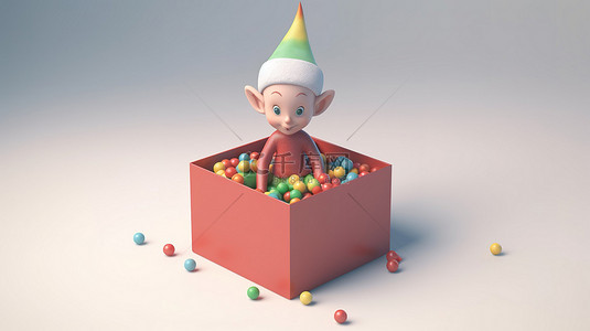 红色可爱卡通背景图片_礼品盒中的圣诞精灵令人惊叹的 3D 渲染