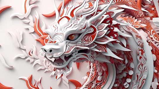 令人惊叹的 3D 插图，以白色东方龙剪影为特色，饰有彩色红色部落设计