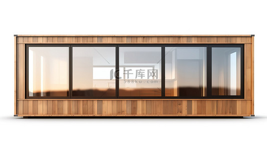 酒店背景图片_包含木墙和白色背景剪切路径上的全景窗户的集装箱房屋的 3D 渲染