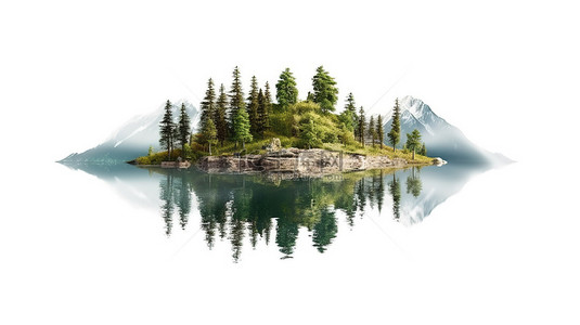 森林山顶背景图片_白色背景下树木环绕的宁静山湖的 3D 插图