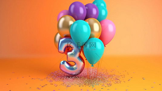 岁生日背景图片_充满活力的气球背景庆祝 3 岁生日渲染在 3d