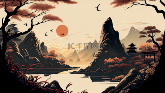 山水中国风格红日背景