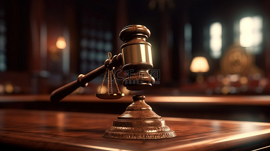 深色木架上法庭木槌的 3D 渲染，用于判决拍卖和法律概念