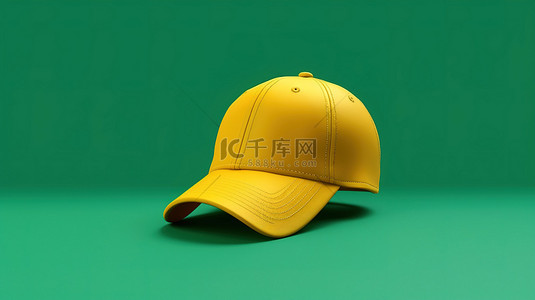 黄色帽子背景图片_带有绿色棒球帽的黄色背景的抽象 3D 渲染