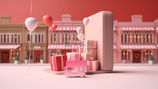 服务背景图片_在线购物使智能手机屏幕变得简单，带有 3D 渲染的浮动礼品盒和购物袋