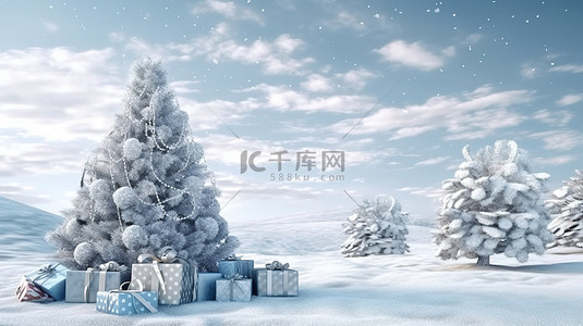 卡通雪山脉背景图片_通过 3D 渲染创建的宁静森林景观中的节日圣诞树与礼物