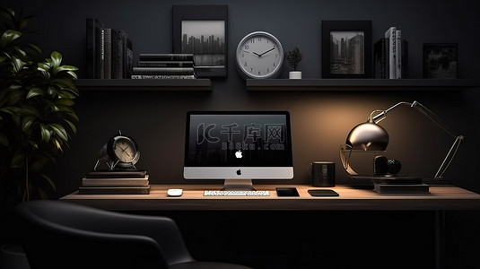厂房背景图片_优雅的家庭办公空间，采用现代设计，在昏暗的灯光 3D 渲染中特写办公桌和平板电脑屏幕的视图