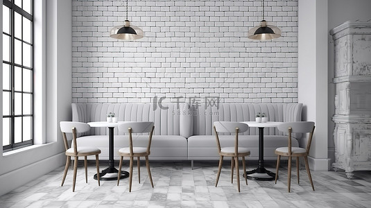 白色砖墙和大理石桌子，在 3D 渲染的咖啡店内部配有天鹅绒座椅
