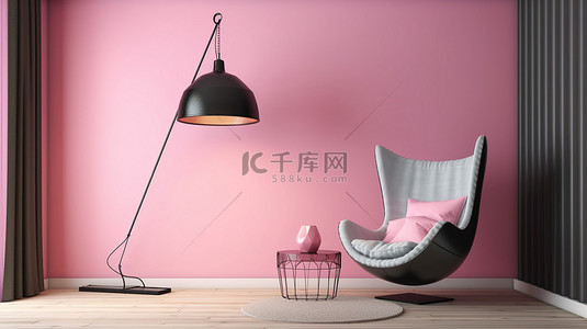 粉红色背景图片_舒适房间的 3D 渲染图，配有粉红色豆椅和时尚的黑色吊灯