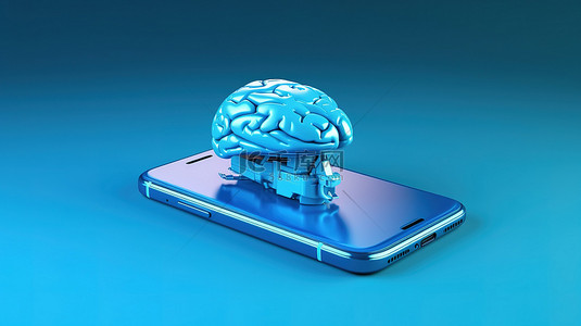 蓝色背景下大脑和手机的概念 3D 渲染