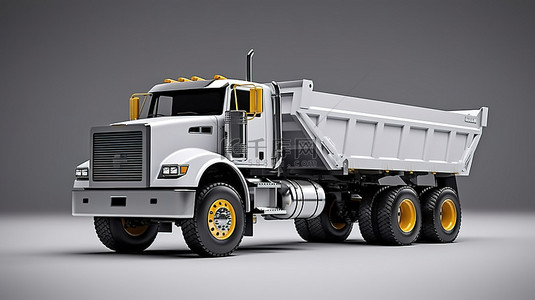 一辆白色美国卡车的 3D 插图，带有自卸拖车，用于在灰色背景下高效运输散装货物