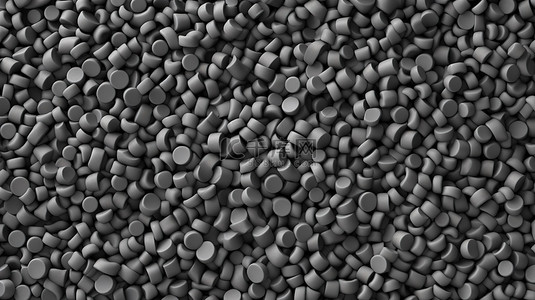 化石油工业背景图片_从顶视图看塑料托盘背景上黑色树脂聚合物珠和灰色颗粒的 3D 插图