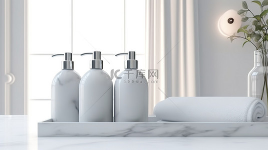 浴室桌子背景图片_时尚的大理石梳妆台装饰着毛巾沐浴露瓶和白色浴室 3D 渲染中充足的模型空间