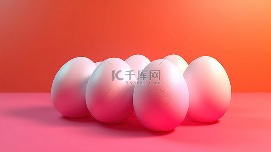 节日橙色背景图片_复活节主题的 3D 插图，以白色鸡蛋为特色，在腮红背景上装饰着粉色和橙色的彩虹