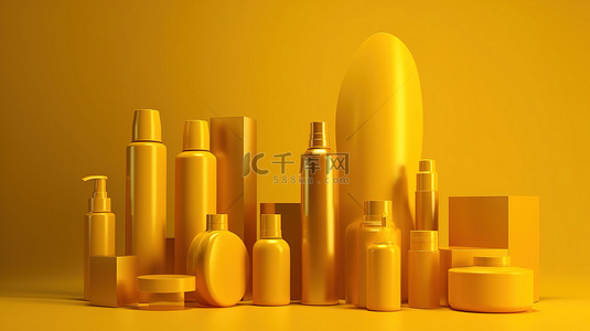 在充满活力的黄色背景下以 3D 形式呈现的黄色和金色产品展示